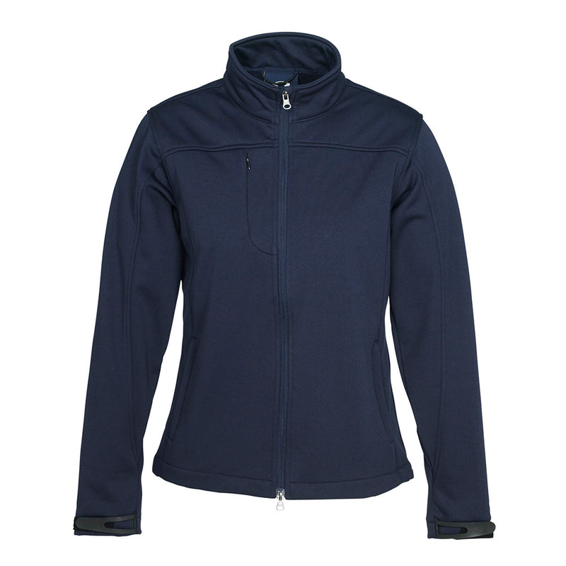 Load image into Gallery viewer, Biz Ladies Soft Shell Jacket featuring a two-way front zip, stand up collar, and adjustable cuffs, complemented by zippered chest and front pockets for practicality, ideal for workplace safety and comfort.