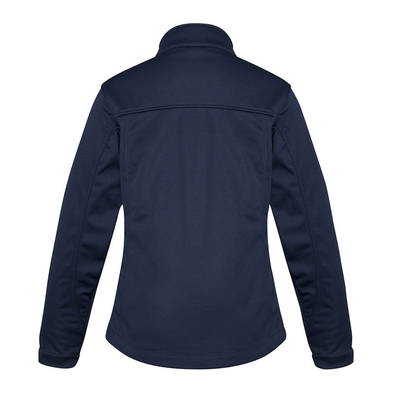 Load image into Gallery viewer, Biz Ladies Soft Shell Jacket featuring a back view, adjustable rubber cuffs, stand-up collar, and zippered pockets, ideal for safety and workwear, highlighting functionality and comfort for active, professional environments.