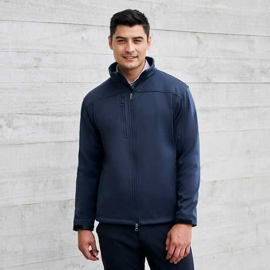 Biz Mens Soft Shell Jacket, featuring a stand-up collar, zippered chest pocket with audio port, adjustable cuffs, and front zip with sliders, ideal for outdoor safety and workwear needs.
