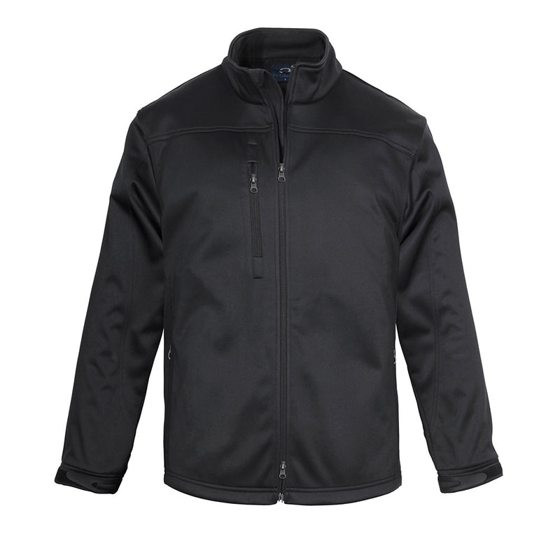 Load image into Gallery viewer, Biz Mens Soft Shell Jacket with dual-slider front zipper, wind flap chin guard, and vertical chest pocket; designed for durability and functionality in safety and workplace environments.