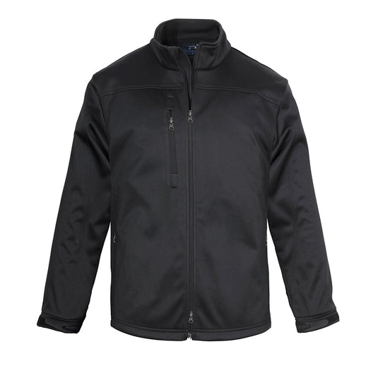 Biz Mens Soft Shell Jacket with dual-slider front zipper, wind flap chin guard, and vertical chest pocket; designed for durability and functionality in safety and workplace environments.