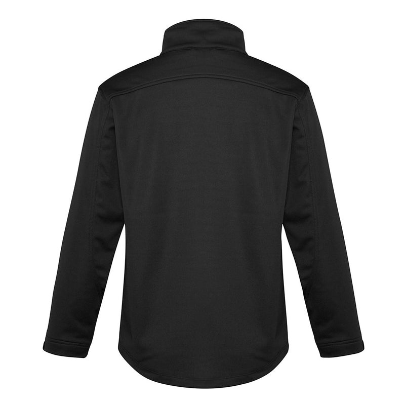 Load image into Gallery viewer, Biz Mens Soft Shell Jacket featuring long sleeves, a stand-up collar, and a wind flap chin guard. The jacket includes a zippered chest pocket with audio port access, emphasizing functionality and workplace safety.