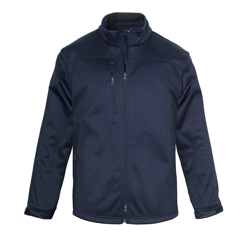 Load image into Gallery viewer, Biz Mens Soft Shell Jacket featuring a front zipper with movable sliders, stand-up collar, and multiple zippered pockets. Designed for windproof protection and water resistance, suitable for safety-conscious work environments.