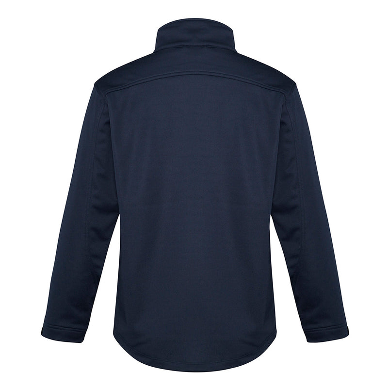 Load image into Gallery viewer, Biz Mens Soft Shell Jacket with long sleeves, featuring a stand-up collar, adjustable rubber cuff closures, and zippered pockets, designed for windproof and water-repellent protection, ideal for active safety environments.
