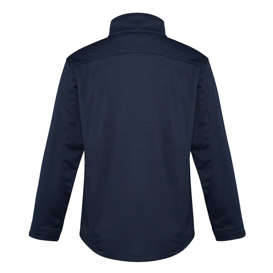 Biz Mens Soft Shell Jacket with long sleeves, featuring a stand-up collar, adjustable rubber cuff closures, and zippered pockets, designed for windproof and water-repellent protection, ideal for active safety environments.