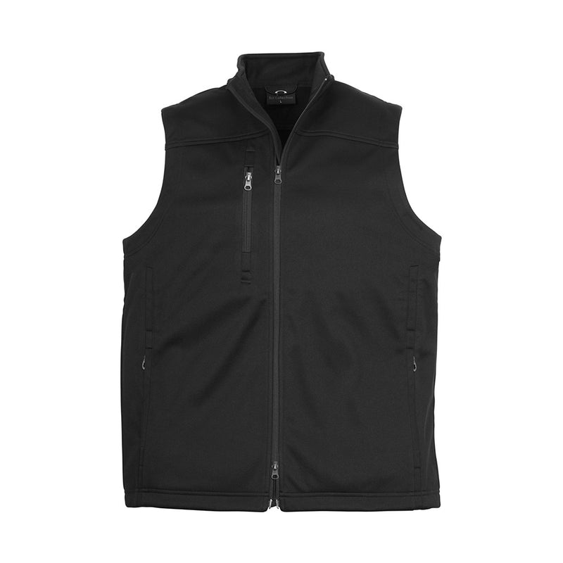Load image into Gallery viewer, Biz Mens Soft Shell Vest featuring a two-way front zipper, stand-up collar, and zippered pockets. Designed for safety and comfort with windproof and water-repellent properties, ideal for workplace environments.