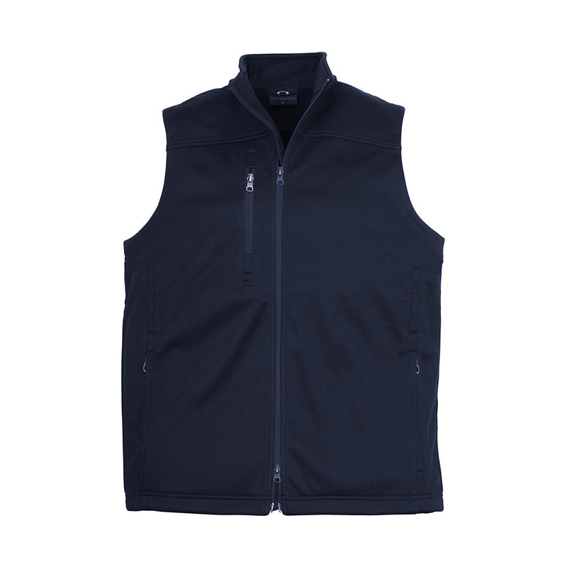 Load image into Gallery viewer, Biz Mens Soft Shell Vest featuring a stand-up collar, windproof design, and multiple zippered pockets, ideal for active safety environments.