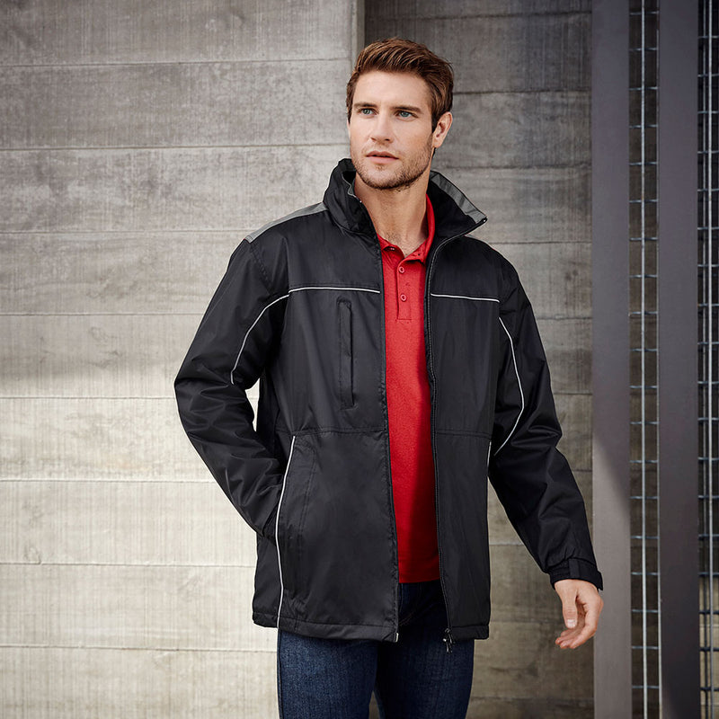 Load image into Gallery viewer, The Biz Unisex Reactor Jacket features a close-up of its high wind collar and stow-away hood, showcasing the water-repellent exterior and fleece lining, ideal for safety and warmth in outdoor conditions.