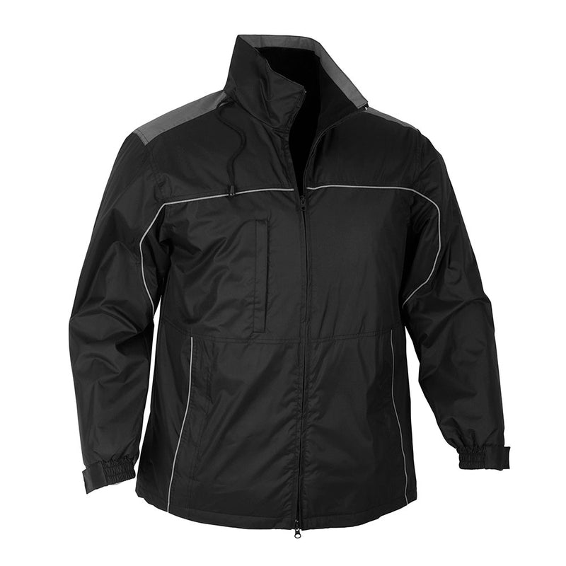 Load image into Gallery viewer, Biz Unisex Reactor Jacket features a sleek black design with a distinctive white stripe, high wind collar, stow-away hood, and zippered pockets, ideal for weather protection and workplace safety.