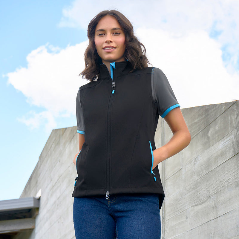 Load image into Gallery viewer, Biz Ladies Geneva Vest from Active Safety, showcasing a 3-layer softshell design with a stand-up collar, contrast zippered pockets, and a scalloped back tail, ideal for outdoor work with water-repellent and wind-resistant features.