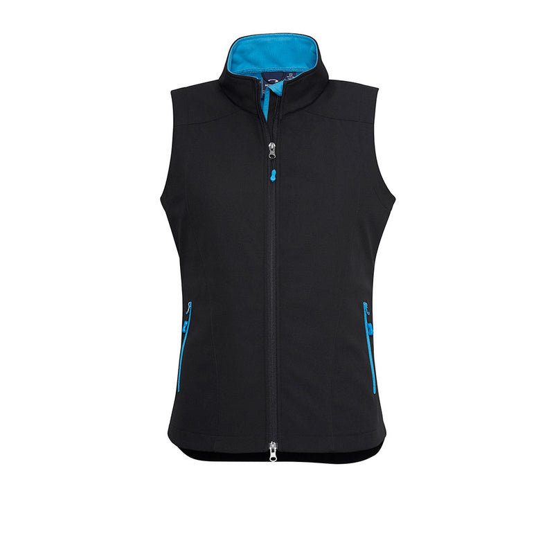 Load image into Gallery viewer, Biz Ladies Geneva Vest features a sleek 3-layer softshell design with a stand-up collar and scalloped back, ideal for outdoor work with its water-repellent and wind-resistant properties.