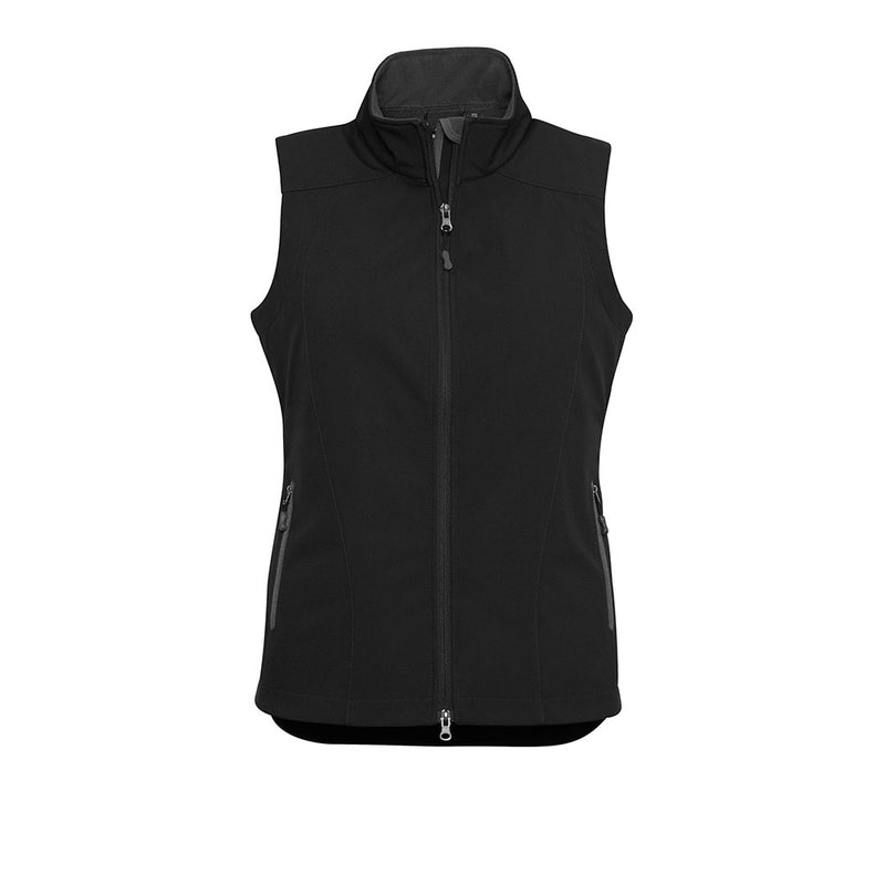 Load image into Gallery viewer, Biz Ladies Geneva Vest: This 3-layer softshell vest features a stand-up collar, ribbed fleece lining, and contrast zippered pockets, offering windproof, water-repellent protection for outdoor work.