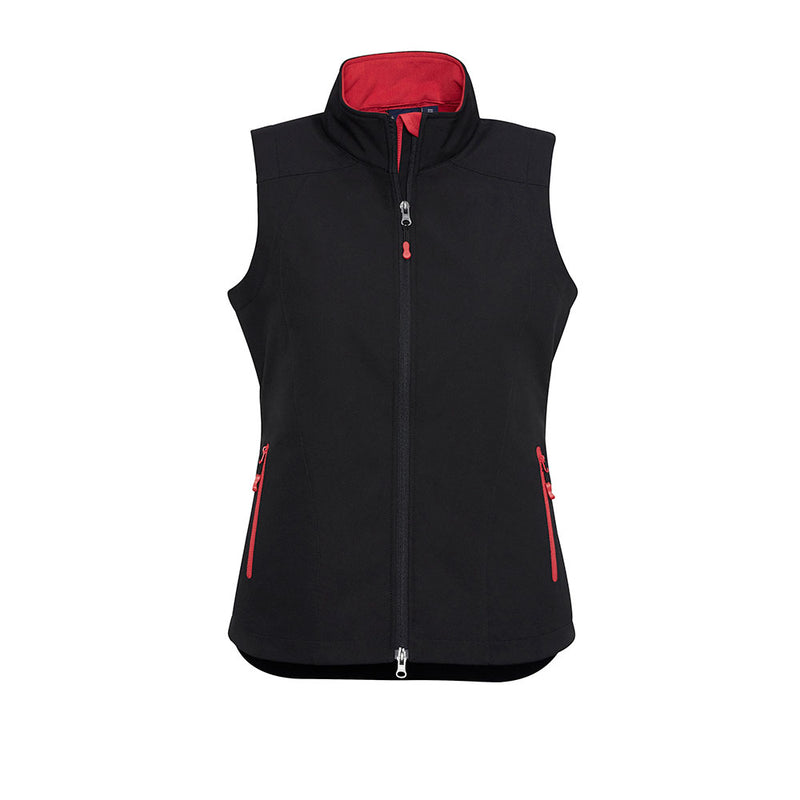 Load image into Gallery viewer, Biz Ladies Geneva Vest, a stylish 3-layer softshell, features a stand-up collar, contrast zippered pockets, and a scalloped back. Windproof and water-repellent, perfect for active outdoor work environments.