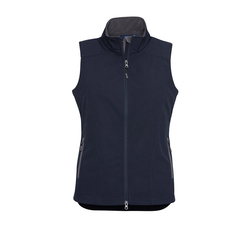 Load image into Gallery viewer, Biz Ladies Geneva Vest showcasing a sleek 3-layer softshell design with a stand-up collar, zippered pockets, and scalloped back tail, ideal for outdoor work with water and wind resistance.