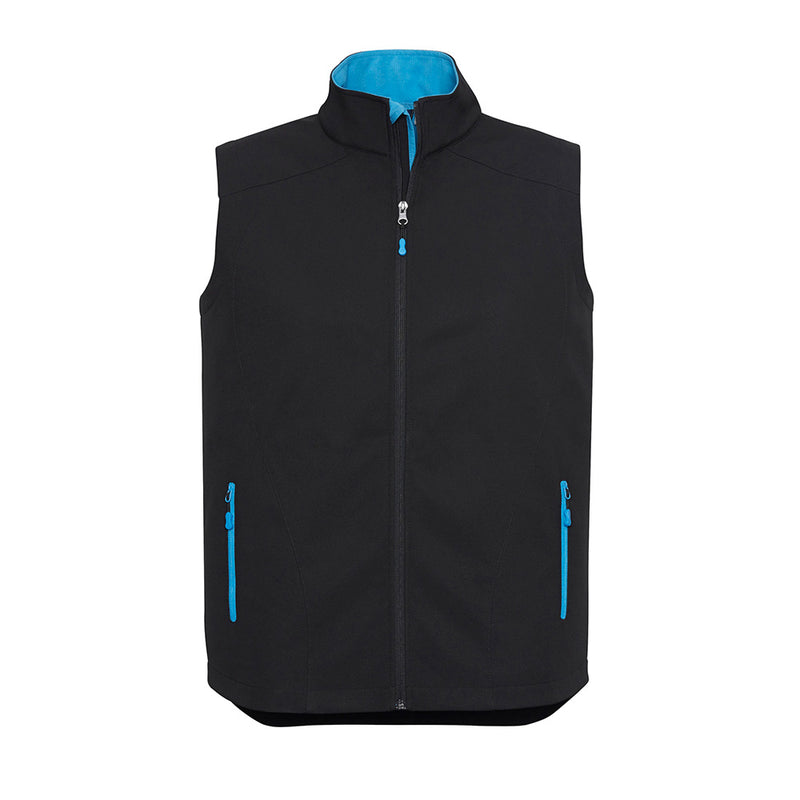 Load image into Gallery viewer, Biz Men's Geneva Vest featuring a stand-up collar, blue zippers, and contrast side pockets. Ideal for safety and workwear, reflecting durability and comfort with its micro-ribbed fleece lining and scalloped back.