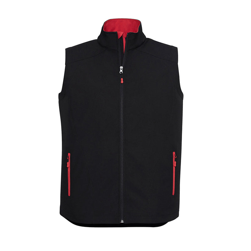 Load image into Gallery viewer, Biz Men's Geneva Vest featuring a sleek black design with distinctive red zippers, a stand-up collar, and contrast zippered pockets, ideal for safety-conscious work environments.