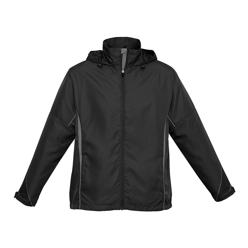 Load image into Gallery viewer, Biz Adults Razor Team Jacket: A sleek, black windbreaker-style with a full-length zipper, drawcord hood, and contrast piping. Features breathable mesh panels and reflective trims for active comfort and visibility.