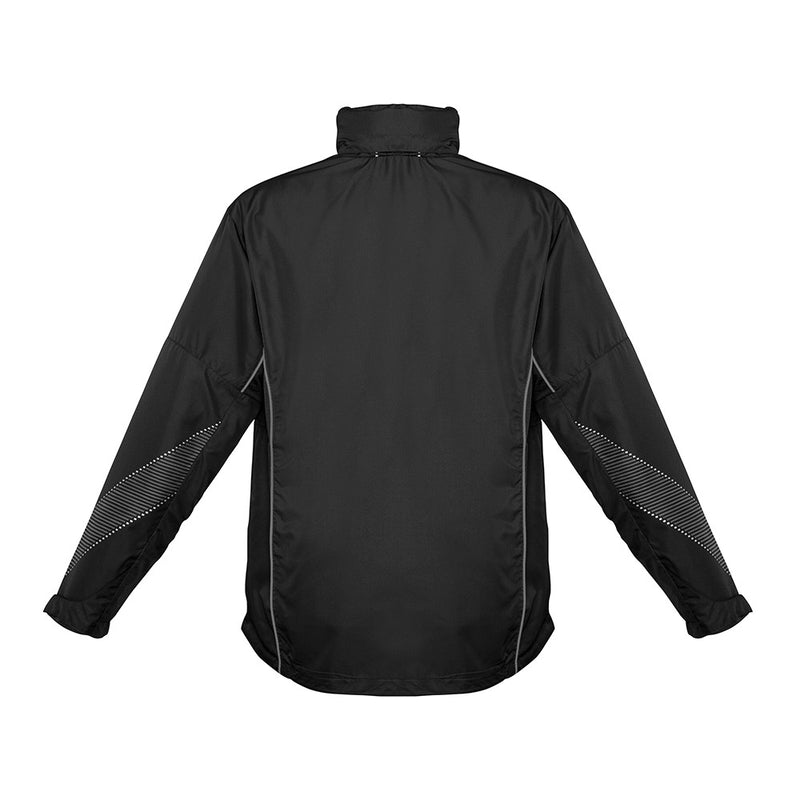 Load image into Gallery viewer, Biz Adults Razor Team Jacket, a black lightweight windbreaker, features a stand-up collar, patterned reflective striping on sleeves, adjustable cuffs, and a curved hem for active comfort and visibility.