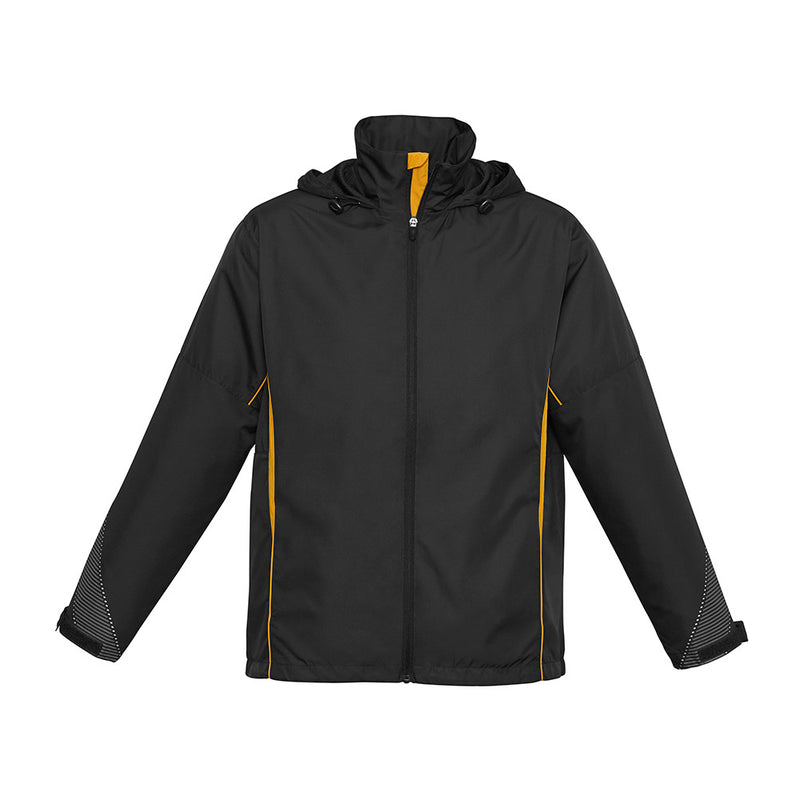 Load image into Gallery viewer, Biz Adults Razor Team Jacket in a sleek windbreaker style with orange-yellow piping. Features a stowaway hood, adjustable cuffs, reflective trims, and breathable mesh panels for active comfort.