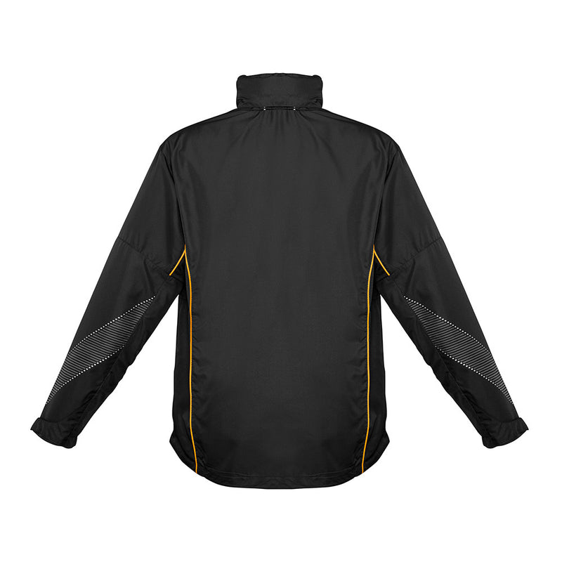 Load image into Gallery viewer, Biz Adults Razor Team Jacket's back view highlights its black lightweight design, with orange piping, reflective sleeve detailing, and adjustable cuffs, perfect for active outdoor pursuits like running or cycling.