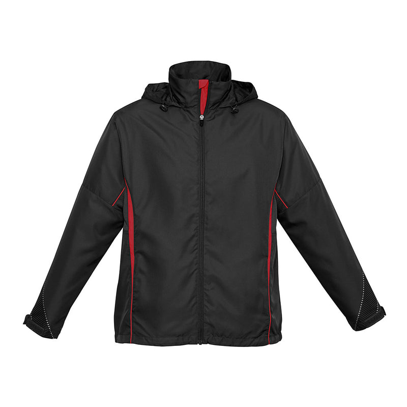 Load image into Gallery viewer, Biz Adults Razor Team Jacket featuring a black zip-front design with red piping, reflective cuffs, and a stowaway hood. Ideal for active comfort, with breathable underarm panels and zippered pockets.