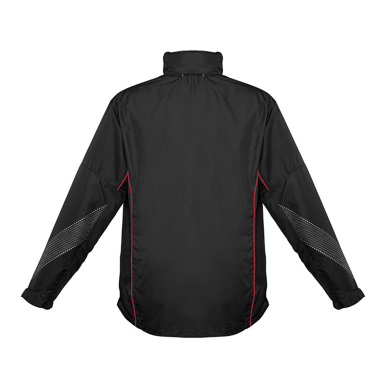 Load image into Gallery viewer, Biz Adults Razor Team Jacket, featuring a black, lightweight design with red piping and reflective dot striping on sleeves, adjustable cuffs, and a stowaway hood, perfect for active safety and sportswear.