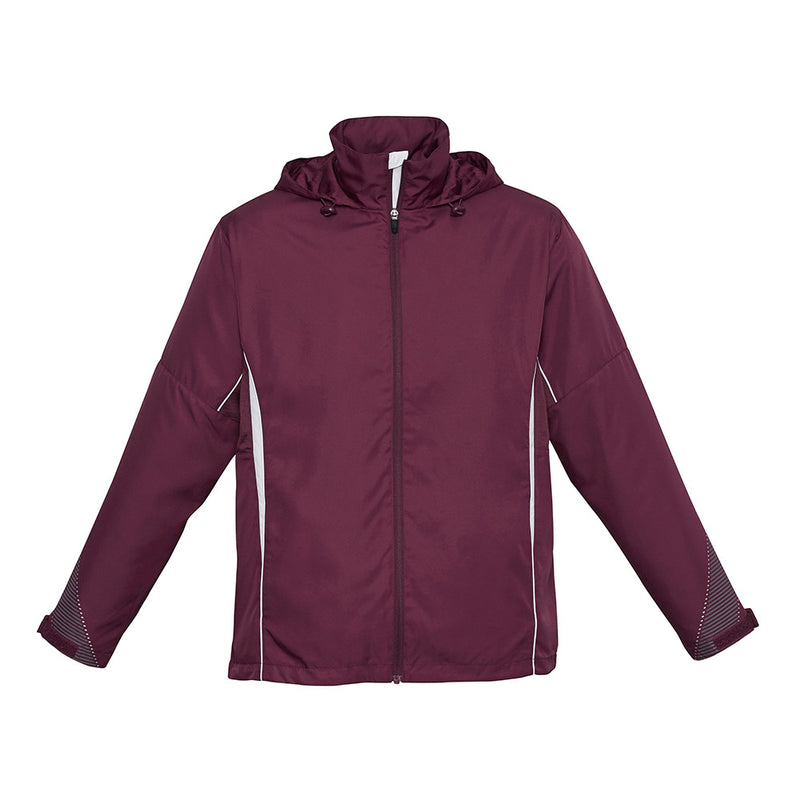Load image into Gallery viewer, The Biz Adults Razor Team Jacket showcases a burgundy hooded design with white piping, featuring a full-length zipper, reflective trims, and breathable mesh panels, perfect for active comfort in safety-focused environments.