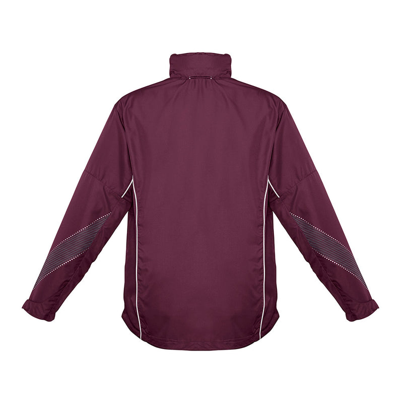 Load image into Gallery viewer, Biz Adults Razor Team Jacket shown from the back, featuring a high collar, white piping, grey reflective sleeve graphics, and a lightweight design with stowaway hood, ideal for active comfort.