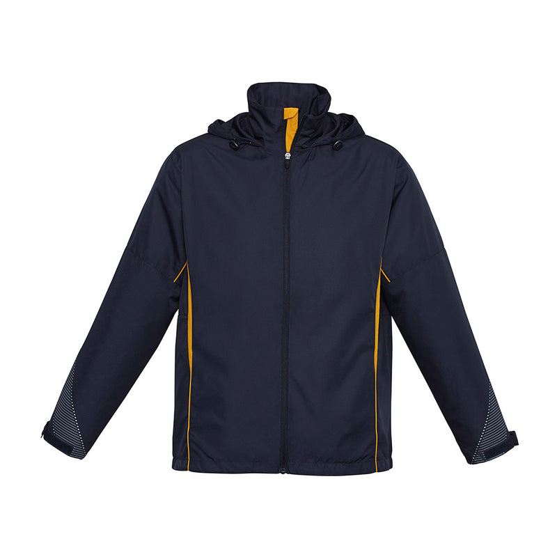 Load image into Gallery viewer, Biz Adults Razor Team Jacket, a sporty dark navy windbreaker with yellow-gold piping, features a full-length zipper, stow-away hood, adjustable cuffs, and reflective trims, designed for active comfort and light weather protection.