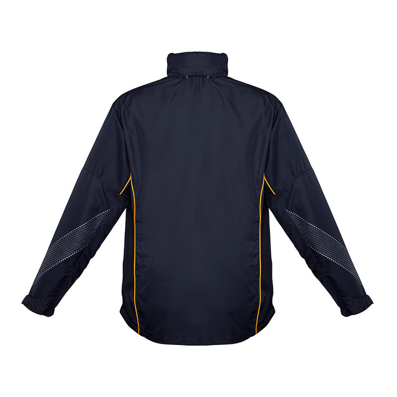 Load image into Gallery viewer, Biz Adults Razor Team Jacket's back view shows a sporty design with orange piping, reflective sleeve stripes, and adjustable cuffs, ideal for outdoor activities like running or cycling.