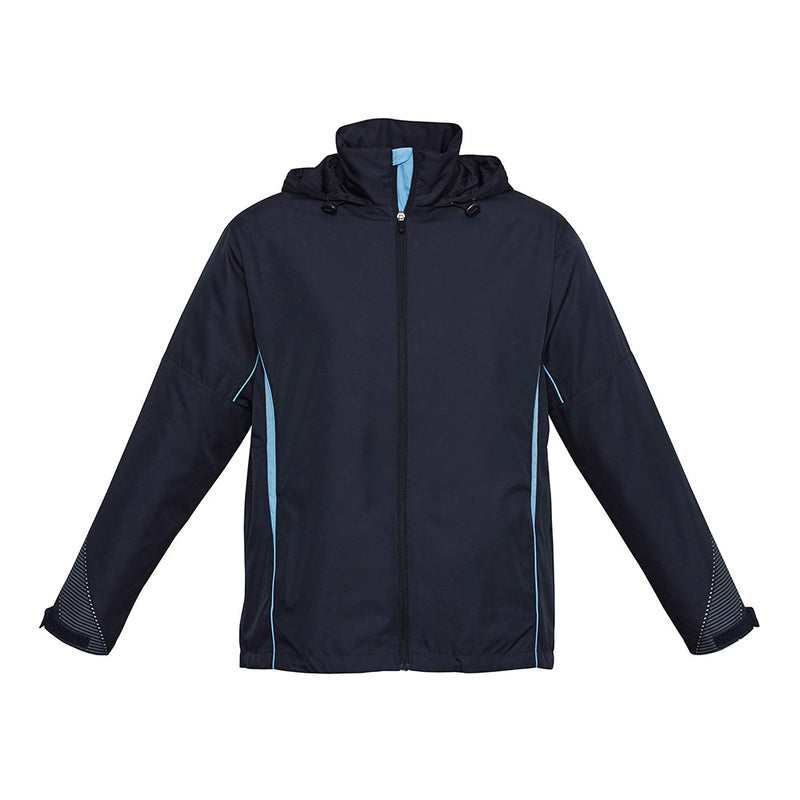 Load image into Gallery viewer, The Biz Adults Razor Team Jacket, a navy-blue full-zip windbreaker, features light-blue piping, a stow-away hood, reflective trims, grid mesh underarm panels, and zippered side pockets for functional style.