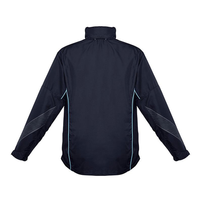 Load image into Gallery viewer, Biz Adults Razor Team Jacket, featuring a lightweight, dark navy design with reflective sleeve patterns and light blue piping, perfect for active comfort with moisture-wicking lining, stowaway hood, and adjustable cuffs.
