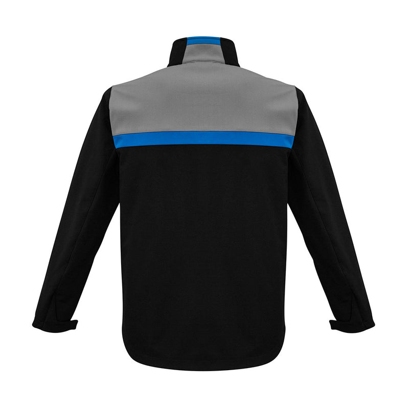 Load image into Gallery viewer, Biz Unisex Charger Jacket with bold color-blocking panels, featuring a stand-up collar, zippered pockets, and performance stretch outer shell for water repellency, breathability, and windproof protection.