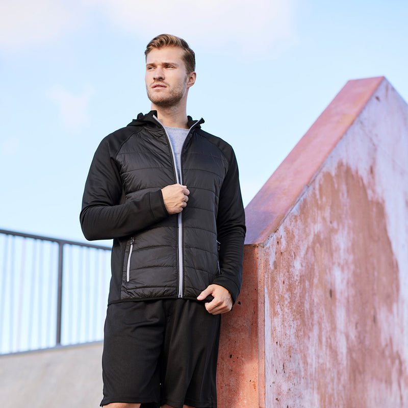 Load image into Gallery viewer, Biz Stealth Tech Hoodie with quilted nylon front for warmth, stretch fleece sleeves and back for flexibility. Features thumb loops, contrast zipper, pockets, and a bonded fleece hood, ideal for cold-weather activities.