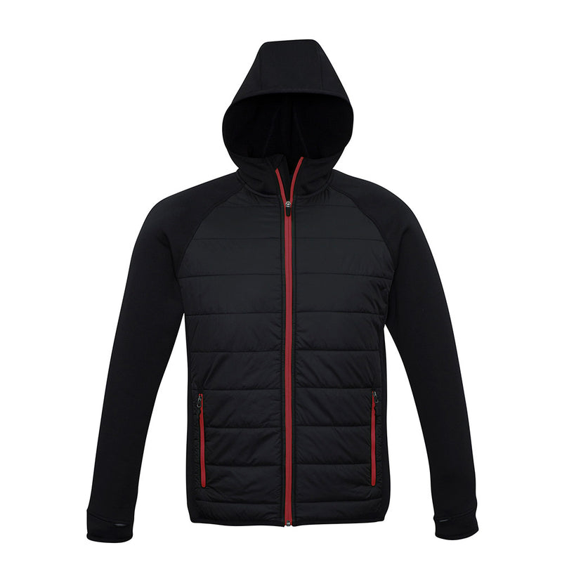 Load image into Gallery viewer, Biz Stealth Tech Hoodie featuring a quilted nylon ripstop front for core warmth and stretch fabric back and sleeves for flexibility, with thumb loops, contrast zippers, and a fleece hood for cold-weather activities.