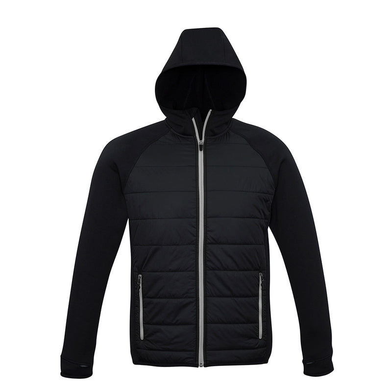 Load image into Gallery viewer, Biz Stealth Tech Hoodie showcasing quilted nylon front for warmth, stretch fabric sleeves and back for flexibility, thumb loops, and a contrast zipper, ideal for cold-weather activities and workplace comfort.