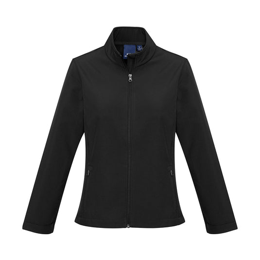 Biz Apex Ladies Lightweight Softshell Jacket featuring a sleek design with a zipper, stand-up collar, and scalloped longer back tail, ideal for versatile weather protection in corporate or team settings.