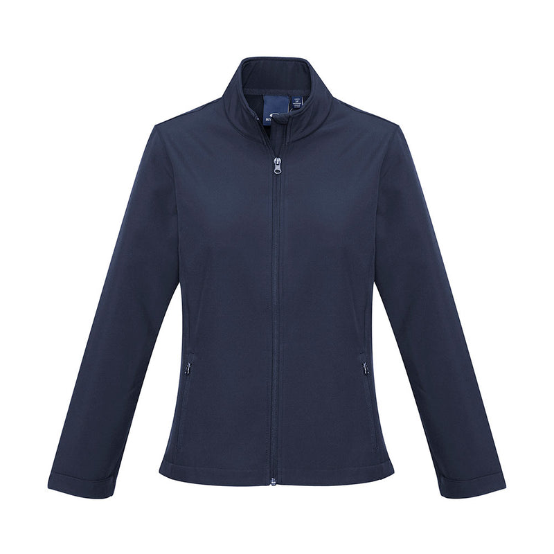 Load image into Gallery viewer, Biz Apex Ladies Lightweight Softshell Jacket, featuring long sleeves, a stand-up collar with chin guard, and a scalloped back tail, offers versatile, wind-resistant protection suitable for corporate or team use.