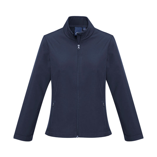 Biz Apex Ladies Lightweight Softshell Jacket, featuring long sleeves, a stand-up collar with chin guard, and a scalloped back tail, offers versatile, wind-resistant protection suitable for corporate or team use.
