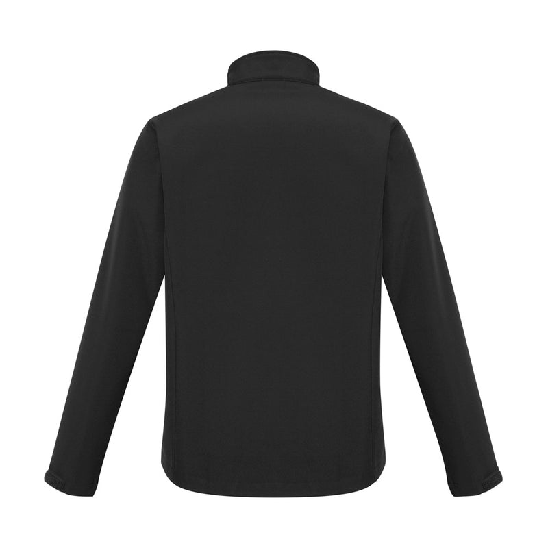 Load image into Gallery viewer, Biz Apex Lightweight Softshell Jacket with long sleeves, featuring a stand-up collar and scalloped back tail, designed for water and wind resistance, ideal for safety and workwear environments.