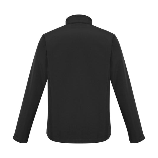 Biz Apex Lightweight Softshell Jacket with long sleeves, featuring a stand-up collar and scalloped back tail, designed for water and wind resistance, ideal for safety and workwear environments.