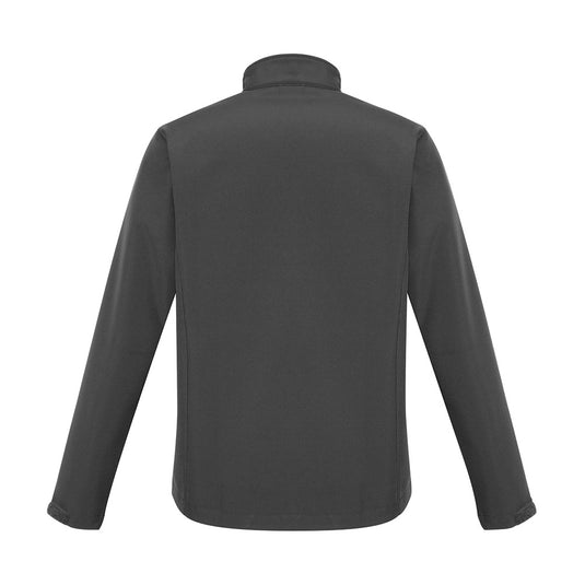 Biz Apex Lightweight Softshell Jacket features a sleek design with a stand-up collar and long sleeves. Ideal for active safety wear, it includes a scalloped back for warmth and zippered accents.