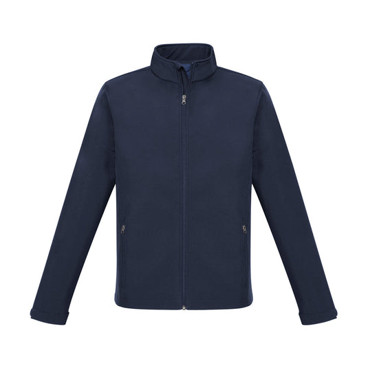 Biz Apex Lightweight Softshell Jacket features long sleeves, a stand-up collar with a soft chin guard, and zippers, designed for water and wind resistance, ideal for active safety and workplace environments.