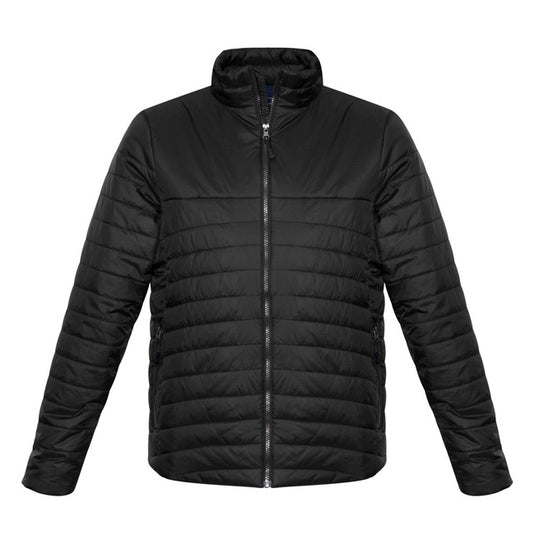 Biz Expedition Men's Quilted Puffer Jacket featuring a high collar with chin guard, zippered hand pockets, and quilted sleeves, designed for active safety and workplace comfort.
