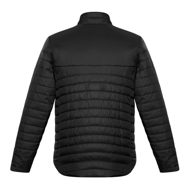 Load image into Gallery viewer, Biz Expedition Men's Quilted Puffer Jacket with long sleeves, featuring a high collar stand and zippered pockets. The design includes a plain non-quilted yoke and quilted body and sleeves for insulation.