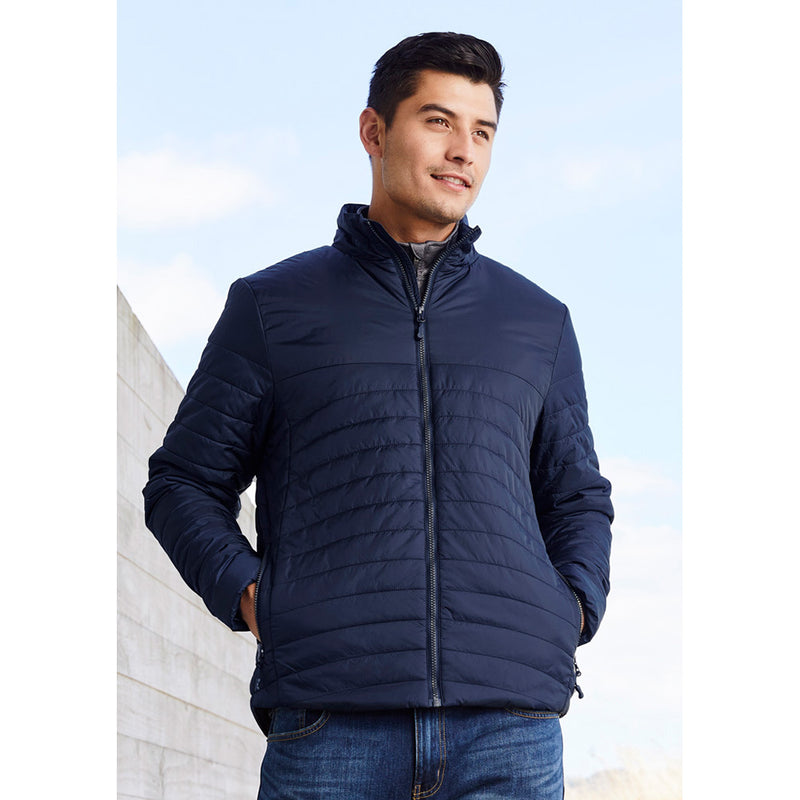 Load image into Gallery viewer, Biz Expedition Men's Quilted Puffer Jacket features a high collar with chin guard, quilted body and sleeves, and zippered pockets, ideal for active safety and workplace use.