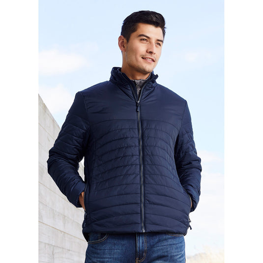 Biz Expedition Men's Quilted Puffer Jacket features a high collar with chin guard, quilted body and sleeves, and zippered pockets, ideal for active safety and workplace use.
