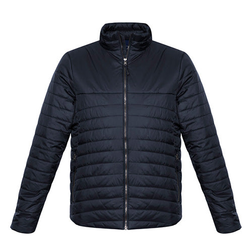 Load image into Gallery viewer, Biz Expedition Men's Quilted Puffer Jacket features a front zipper and high collar with chin guard, showcasing quilted detailing on the front and back. Ideal for outdoor safety and workwear.