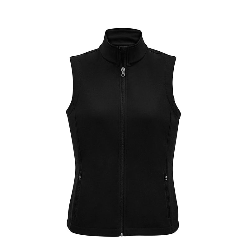 Load image into Gallery viewer, Biz Ladies Apex Vest features a zippered front and a stand-up collar with a soft chin guard, ideal for light water repellency and wind resistance, perfect for safety-conscious workplaces.