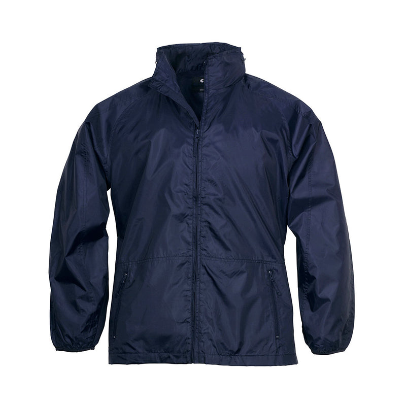 Load image into Gallery viewer, Biz Unisex Spinnaker Jacket: A lightweight, navy-blue windbreaker featuring a full-zip front, stand-up collar, elasticized cuffs, and zip-closure pockets, ideal for unpredictable weather and outdoor safety.